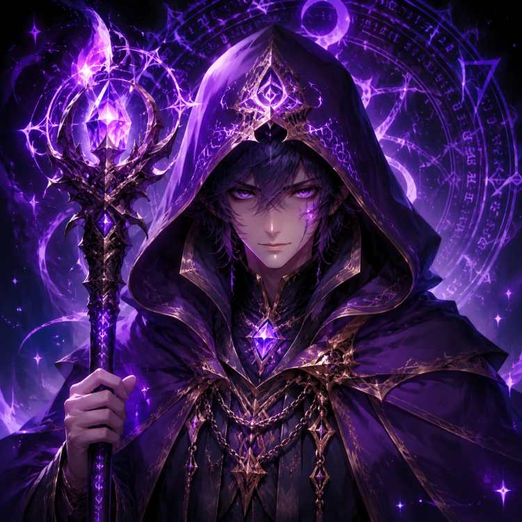 卡通头像，神秘魔法师，紫色斗篷，手持法杖，发光符文，暗色背景，魔法光效，半身像，居中构图，奇幻风格，高清画质 - 唯爱头像库